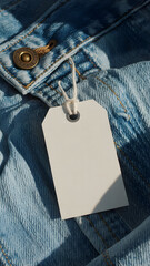 Close up of a denim jacket with a blank white tag