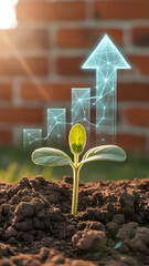 A seedling emerges from soil beneath a digital upward arrow and graph