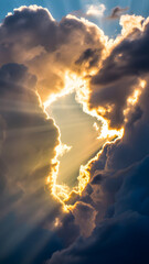 Sun rays shining through a dramatic sky with dark, billowing clouds