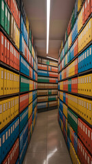 A narrow aisleway lined with shelves filled with colorful binders