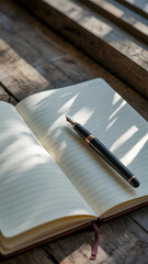 Fountain pen resting on an open notebook, sitting on weathered wooden planks