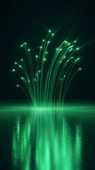 Green light streaks emerge from still water, creating a futuristic, mirrored scene