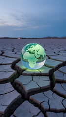 A glass globe rests on cracked dry earth, with dim mountains in the background