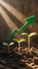 Sunlight shines on sprouts in soil as a green arrow points upwards