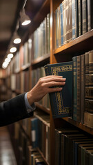 Hand pulling a book from a shelf in a library