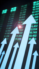 Rising white arrows ascend against a glowing blue numeric background