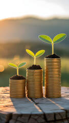 Three gold coin stacks support sprouts against a soft focus landscape