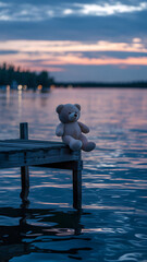 Teddy bear sits forlornly on dock, water reflecting skys colors at dusk
