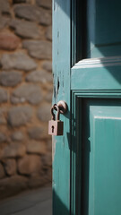 Teal door with a small, weathered padlock against a stone wall