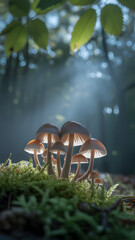 Mushrooms glow in sunlit, mossy forest floor with blurred leaves above