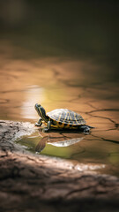 Turtle sitting on cracked earth, reflected in a puddle