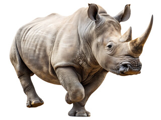 Naklejka premium A close up shot of a rhinoceros with two horns walking forward on a completely white background space