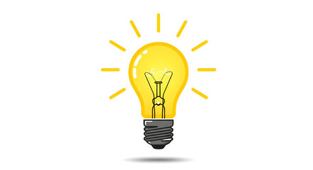 Glowing Light Bulb Illustration with Yellow Rays on White Background