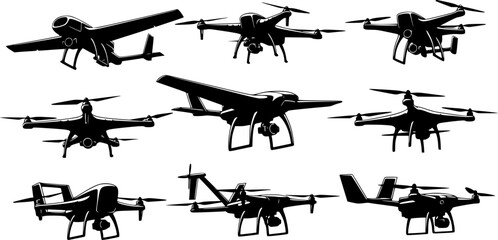 Flying drone silhouette, Drone silhouettes, Flying drone svg, Flying drone vector illustration, Drone silhouette, Drone vector set