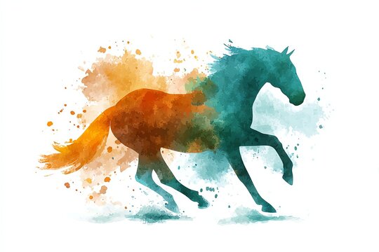 silhouette of a horse galloping with watercolor splashes of earthy brown and teal forming dust clouds, abstract dynamic art