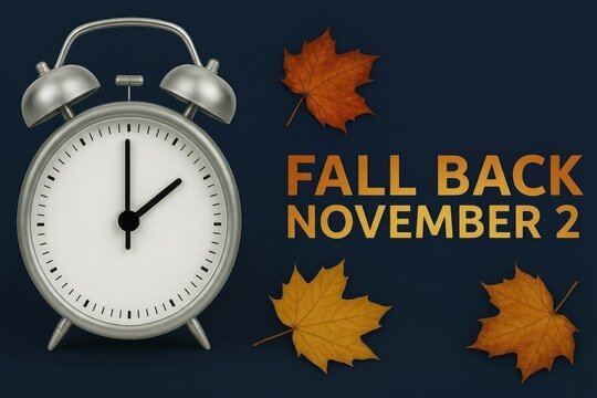 Fall Back USA November 2, 2025 poster with silver alarm clock showing 2:00 and autumn maple leaves on dark navy background