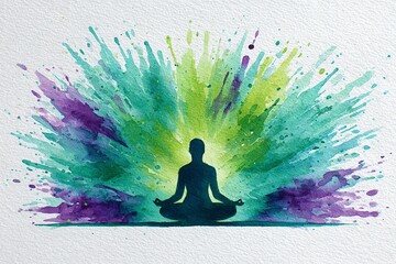 silhouette of a yogi in lotus pose with watercolor bursts of green and purple radiating outward, spiritual abstract art