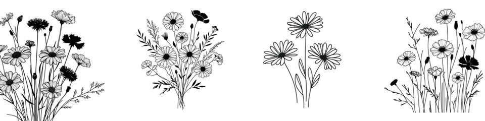 Minimalist black line-art botanical bouquet collection with wildflowers, daisies, cornflowers and poppies on white background