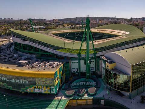 Lisbon, Portugal - August 28, 2025: Aerial drone view of the Jose Alvalade stadium, home of Sporting Clube Portugal