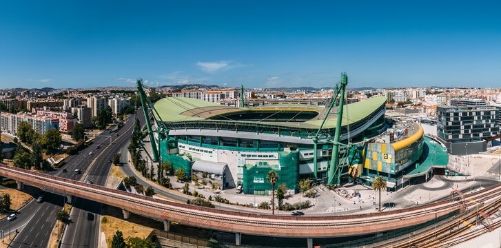 Lisbon, Portugal - August 28, 2025: Aerial drone view of the Jose Alvalade stadium, home of Sporting Clube Portugal