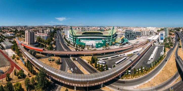 Lisbon, Portugal - August 28, 2025: Aerial drone view of the Jose Alvalade stadium, home of Sporting Clube Portugal