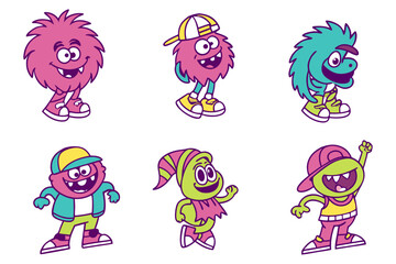 Playful Cartoon Monsters in Cool Outfits Vector Illustration Set
