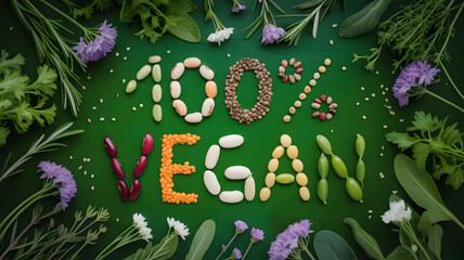 Healthy Organic Vegetables Flat Lay with Vegan Text Created from Lentils and Grains in Natural Lighting