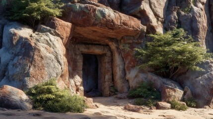 Obraz premium rocky cave facade with layered stone textures and small shrubs nearby 