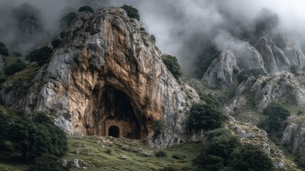 towering stone cave entrance on a mountain with clouds drifting past 