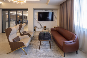 Modern hotel lobby interior with stylish seating