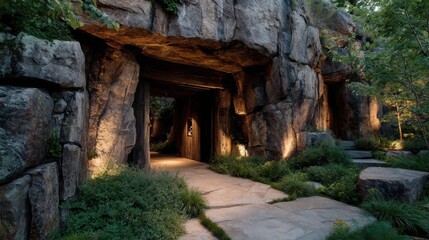 wide stone cave facade with natural textures and wild shrubs around the entrance 