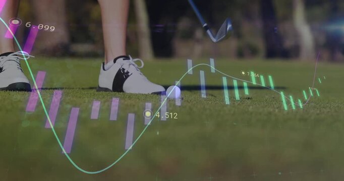Animated bar-and-line charts rising then golfer stepping in striking ball visualizing data trends