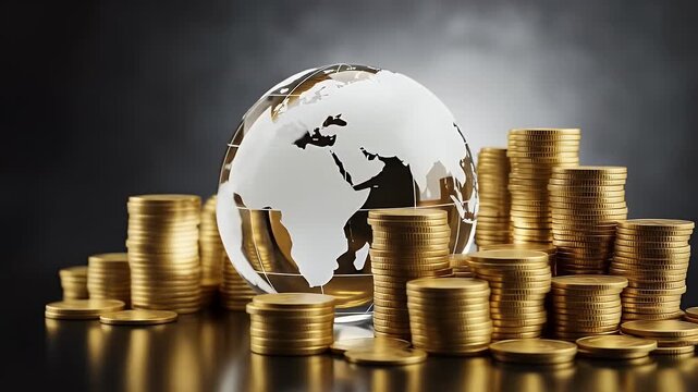 A clear globe sits atop stacks of gold coins