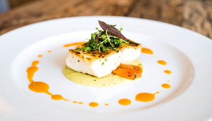 Elegant plate featuring pan-seared halibut with citrus sauce and microgreens topping