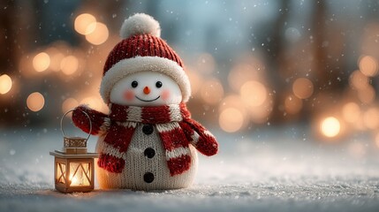 Obraz premium Cheerful Snowman Holding Lantern in Winter