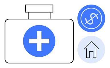 Obraz premium Medical kit with blue cross, dollar sign and house icons portraying healthcare access, financial aid, home support. Ideal for health, emergency, insurance, finance, housing charity simple flat