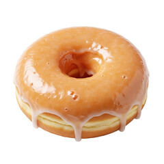 Glazed donut sits with icing dripping down its sides and featuring a hole in the center.