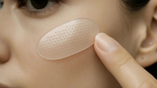 Woman applying transparent cosmetic patch on face