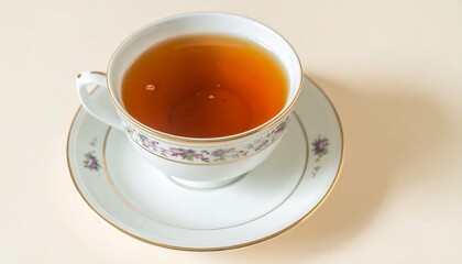 Elegant porcelain teacup filled with aromatic tea on a vintage saucer