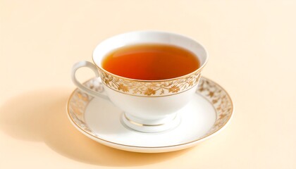 Elegant porcelain teacup filled with freshly brewed tea on a soft background