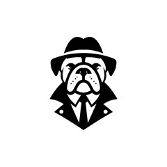 Creative black and white logo illustration of a bulldog wearing a fedora hat and trench coat