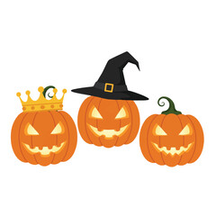 Vector illustration of three jack o lanterns with a witch hat and crown on a white background for Halloween.