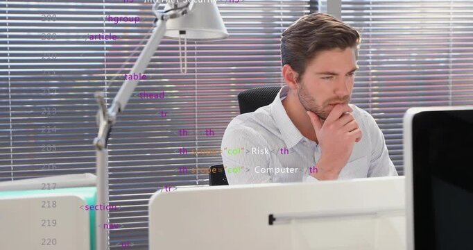 Programmer narrowing eyes as HTML code overlay appears, scanning security syntax then typing fix