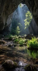 Cave Entrance Sunlight Forest Stream Nature Wallpaper