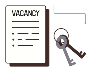 Vacancy sheet with bullet points next to a pair of keys, connected by a visual element. Ideal for job search, property rental, access, security, opportunity, career, simple flat metaphor