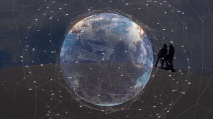 Globe materializing across barren plain driving couple walking through digital mesh exploring tech - Powered by Adobe
