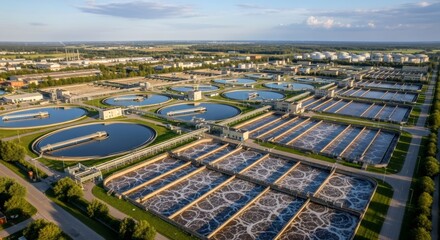Aerial view of a modern urban wastewater treatment plant facility. Industrial water purification process for environmental protection ecology.