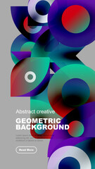 Vibrant geometric shapes overlap, creating dynamic abstract composition. Colors blend, forming gradients. Modern design elements present bold visual impact.