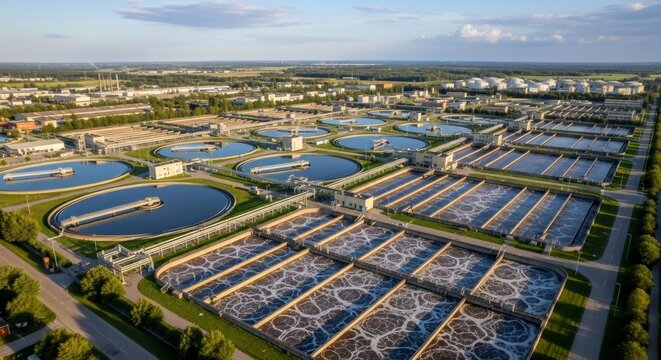 Aerial view of a modern urban wastewater treatment plant facility. Industrial water purification process for environmental protection ecology.