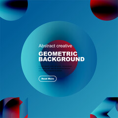 Blue abstract design features overlapping circles, text, button. Modern aesthetic, vibrant colors, geometric shapes present.